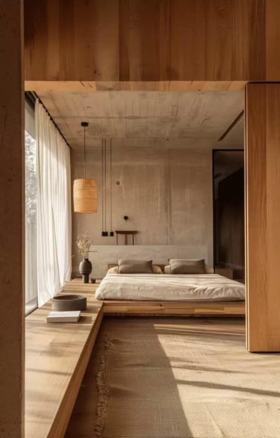 Soft daylight across a timber bedroom, framed by the doorway.