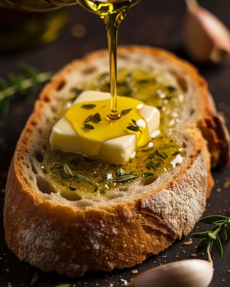 Bread with butter, herbs and a drizzle of olive oil.