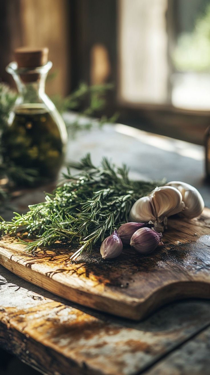 Fresh herbs and garlic on a wooden board beside a sunlit window.